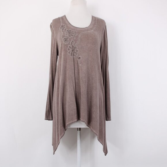 Charlie Paige Top Sz S/M Brown Floral Asymmetrical Tunic Rayon Spandex Top - Picture 2 of 13